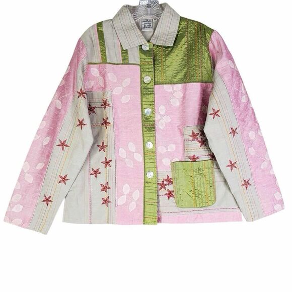 Parsley & Sage Button Down Shirt Pink Green Long Sleeve Patchwork Medium New - Picture 2 of 12